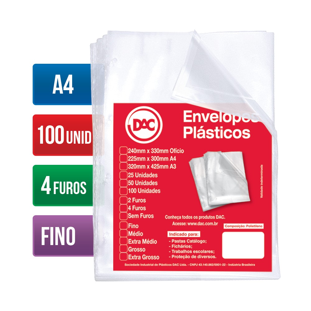 Envelope Plástico A4 Espessura Fino e 4 Furos - 100 unid - 5070A4-100