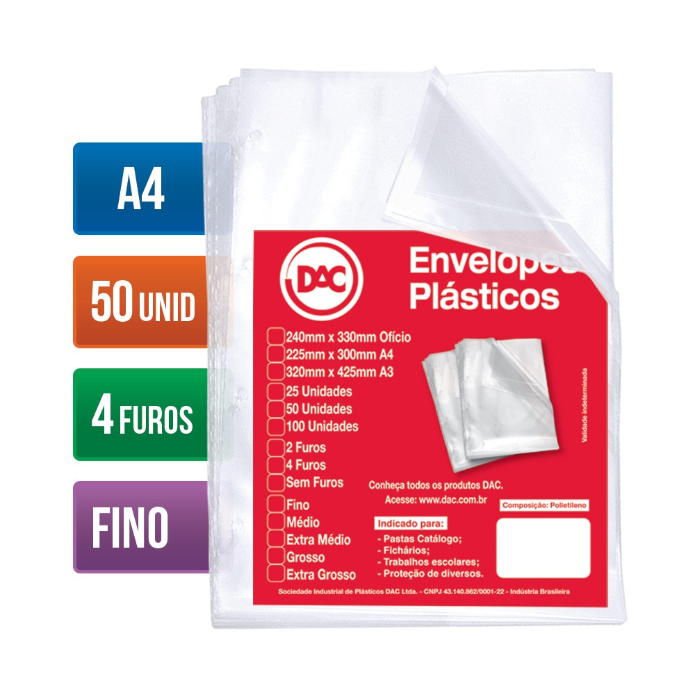 Envelope Plástico A4 Espessura Fino e 4 Furos - 50 unid - 5070A4-50