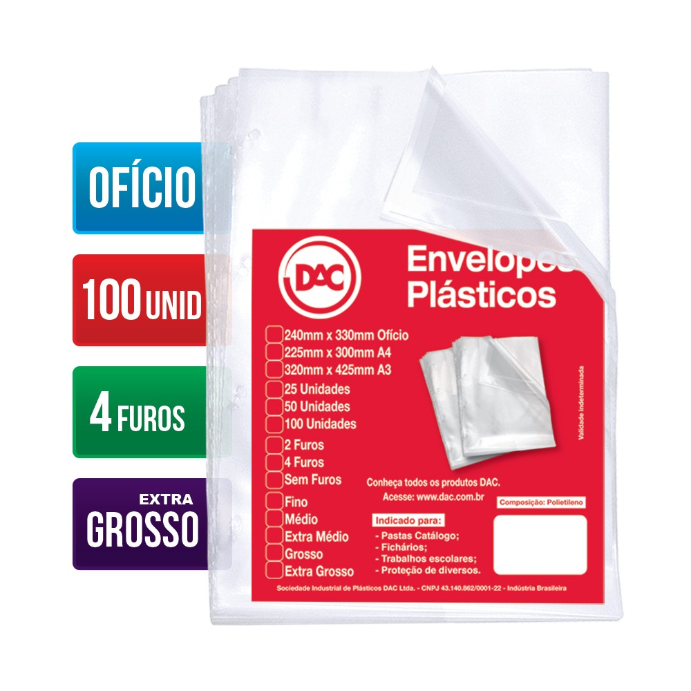 Envelope Plástico Ofício Espessura Extra Grosso e 4 Furos - 100 unid - 5088-100